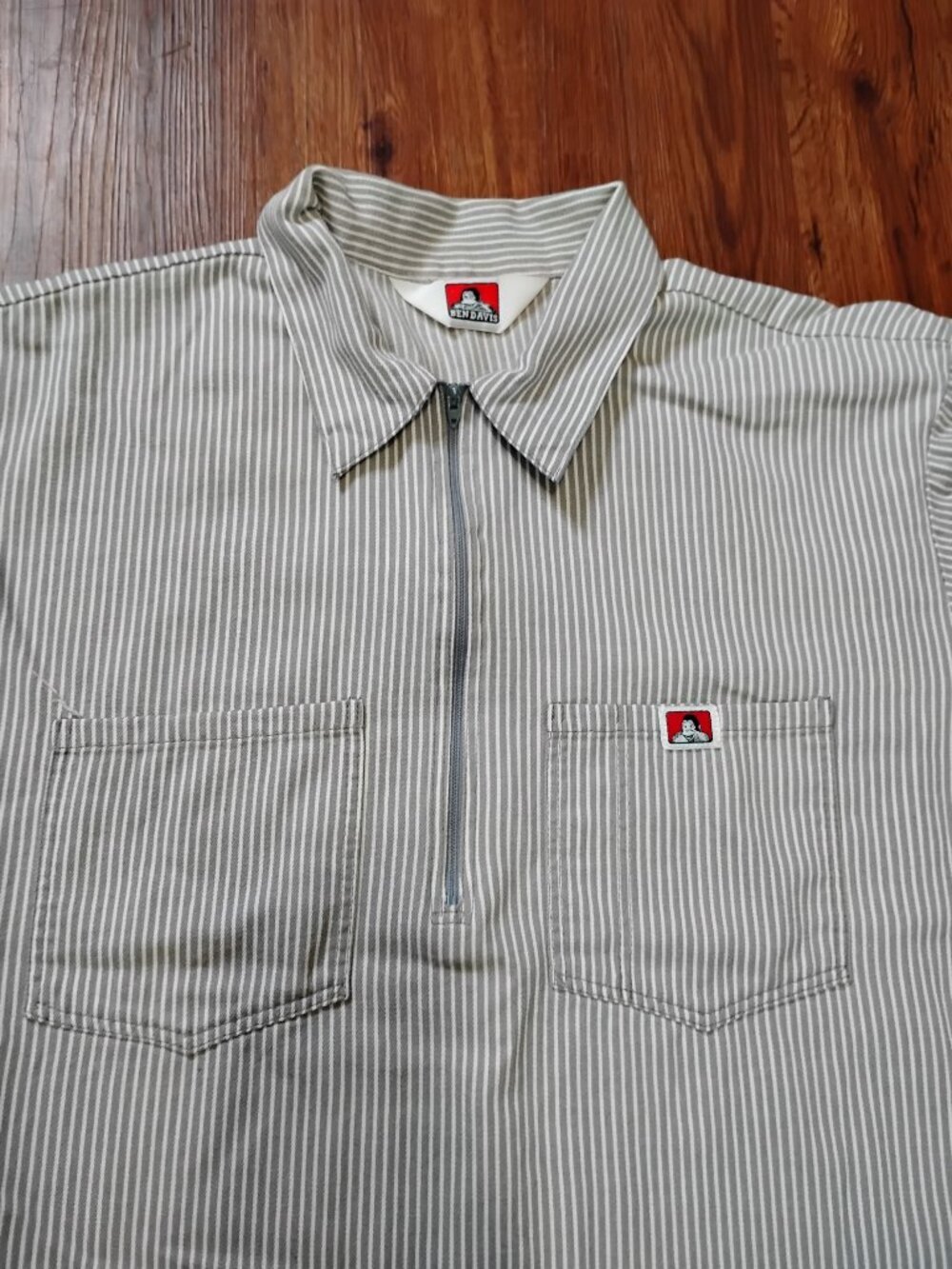 Vintage Ben Davis 1/2 Zip Short Sleeve Pullover Work Shirt Pinstripe Gray